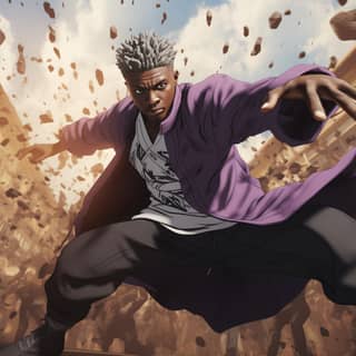 dvd screen grab Afro American documentary Jujutsu Kaisen dynamic, anime character with white hair and purple coat