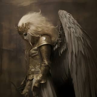 flying warior woman angel detailed fashion photography golden helm and armor