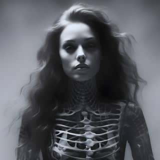 full-body x-ray of moody creepy strange surreal photography, with a skeleton tattoo on her chest