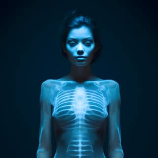 full-body x-ray of moody creepy strange surreal photography, with a skeleton body in the dark