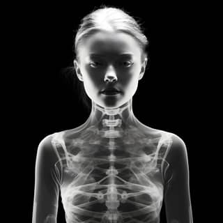 full-body x-ray of moody creepy strange surreal photography, with a skeleton body is shown in an x - ray image