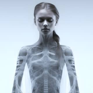 full-body x-ray of moody creepy strange surreal photography, with a skeleton body standing in front of a blue background