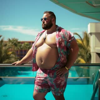 in his 30s who is chubby and muscular and standing above the camera showing off his belly by the pool gay male fujifilm
