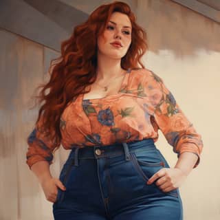 pretty plus sized housewife mom jeans wide hips, with long red hair and blue jeans