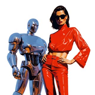 in red standing next to a robot in the style of movie still silver ferrania p30 groovy bronzepunk cybernetic anti-gloss