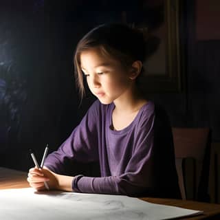 Seitenporträt einer 11-jährigen, großen, schlanken, europäisch-asiatischen Mädchen mit heller Haut, sehr kurzen dunklen Haaren und braunen Augen, die ein dunkelviolettes T-Shirt trägt. Sie sitzt an einem hölzernen Schreibtisch in einem dunklen Raum mit einer Lampe.