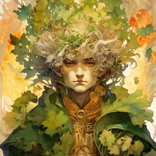 the youthful god of the Oak Forest flawless arrogant elf green gold avant garde robes swirling robes in the style of