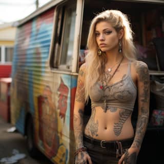 a trashy woman wearing a tanktop and a skirt in the trailer park tattoos long hair