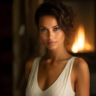 45 years old mixed race woman short straight hair green eyes in a white summer dress standing next to a fireplace in the