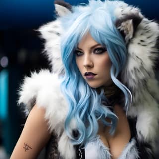 Alissa White-Gluz in cosplay da donna lupo antropomorfo con curve audaci, scollatura profonda, capelli blu e cappotto di pelliccia.