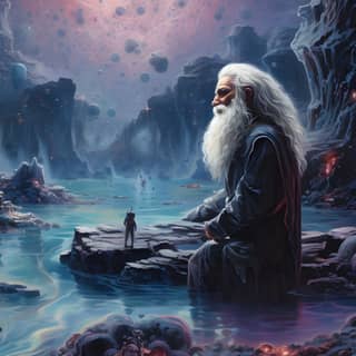 An old man with a long beard and hair looks into the deep crystal waters of a river and human hearts are visible at the