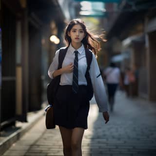 Female student in school uniform streets Japanese campus uniformly staged images gongbi light-filled colorized dynamic poses