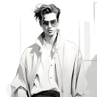 Japanese anime Illustrator mens model the ultimate minimalist line art fashionable fashion town