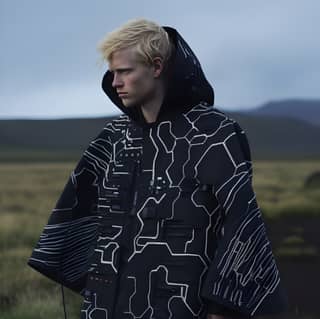 On a dark rainy Icelandic vs African landscape meditating in a Muji vs ACRONYM multi-layer kimono with a modular system of