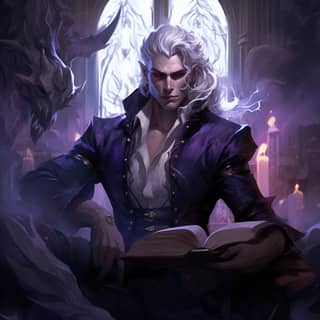 Duduk di ruang belajar yang disinari bulan, Male Tiefling mengenakan pakaian Warlock kulit, tanduk yang terbakar hitam, rambut putih jet, mata ungu Dark Crystal. Karakter pria tersebut sedang duduk di depan jendela dengan sebuah buku.