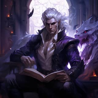 Un warlock tiefling masculino en un estudio iluminado por la luna con cuernos ardientes y ojos morados, vistiendo un traje de cuero negro y cabello blanco, al estilo del arte oscuro inspirado en el rococó.