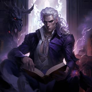 Sat in moonlit study Male Tiefling leather Warlock outfit black ember burning horns jet white hair Dark Crystal purple eyes