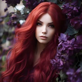 Một phụ nữ ma cà rồng cân bằng và trung tâm với mái tóc dài màu đỏ và tím.