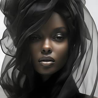 一位戴着面纱和黑色妆容的黑人女性，类似于安东尼奥·莫拉（Antonio Mora）、旺盖奇·穆图（Wangechi Mutu）和理查德·菲利普斯（Richard Phillips）的风格，置身柔和的光线下，呈现出超现实的幻想。
