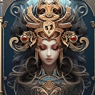 Карточная задняя часть с украшенными краями и иконками, изображающими древнюю богиню в стиле Gwent и Legends of Runeterra, с девушкой-стимпанк с золотым головным убором и синим фоном.