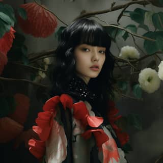一位穿着混合瓦伦蒂诺和川久保玲风格服装的中国女模特，黑发上插着红色花朵，站在一棵树前。