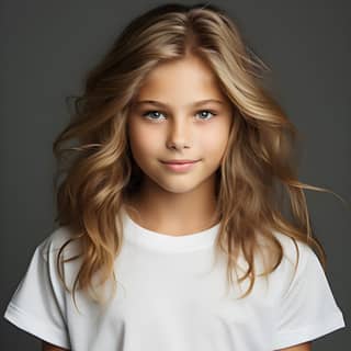 female kid model smile long flowing blond hair is wearing a white plain t-shirt short sleeves cotton 240 grams studio