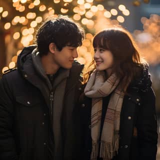 Un couple se tenant devant un grand sapin de Noël resplendissant à Shanghai, entouré de décorations de Noël. Le couple asiatique âgé de 18 ans se promène dans la ville en portant des lunettes et des bonnets de Père Noël.