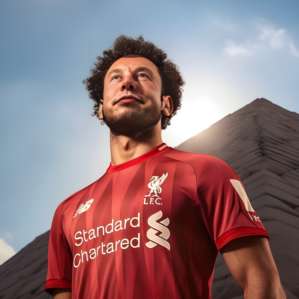 liverpool football player Salah stands in front of the pyramid with liverpool shirt sunny day raw physicality natural light