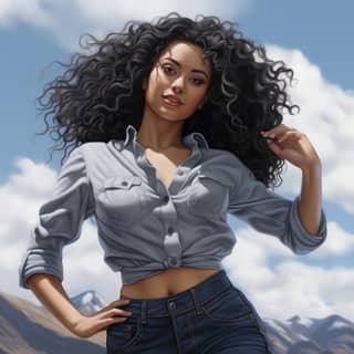 Açık gözlü, kıvırcık saçlı ve kot pantolonlu biri bir dağın önünde duruyor.