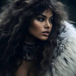 photo taken on phase one XF IQ4 85mm anthropomorphic Wolf woman tight fur clothes bold curves deep v