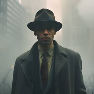 एक टोपी और कोट पहने एक आदमी का चित्र, जो जली हुई शहर में खड़ा है।
