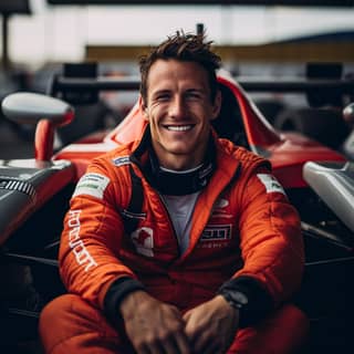 a race driver in a formula car looking at the camera and smiling