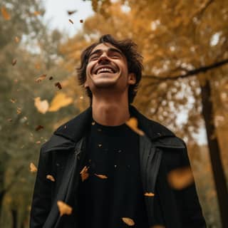 ******/rainy day smiling man in black coat looking at sky falling leaves golden full shot** - Image #2