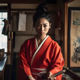 in a red kimono with a katana sword in a japanese kitchen