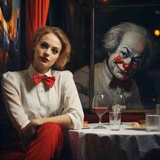 Una mujer está sentada en una mesa con una pintura de payaso detrás de ella, vistiendo un traje rojo y corbata de moño.