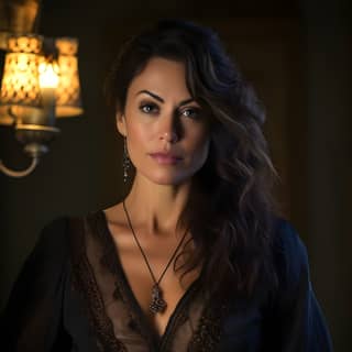 Tia es una mujer de 42 años que tuvo una sesión de fotos en Cambridge, California, con un estilo de luces y sombras contrastantes para una imagen UHD. Se la ve posando con un vestido negro.