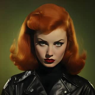 Typical 50s poster of a woman in a black leather jacket, looking like an evil doll with red hair.
