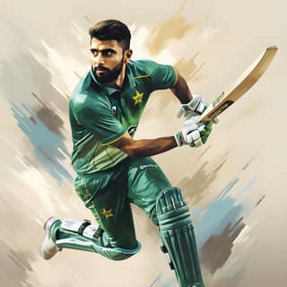 Babar Azam, el capitán de críquet de Pakistán, camina con un bate en la mano, apareciendo como un dios en un estadio lleno de jugadores de críquet inclinados. Está representado de manera detallada y realista, vistiendo la camiseta de críquet de Pakistán.