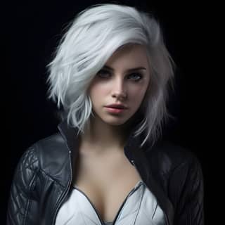 Beautiful white haired goth woman in leggings and jacket extremely detailed and highly defined facial features heavy makeup