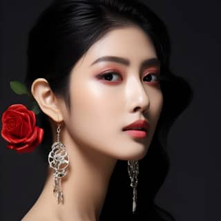 Modèle chinoise portant des boucles d'oreilles roses et du Chanel, avec de longs cheveux noirs et une rose dans ses cheveux.