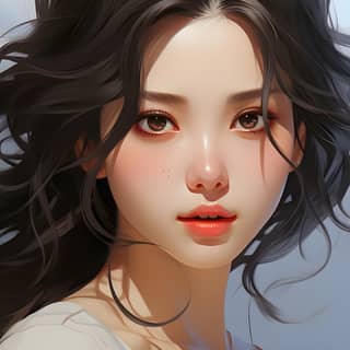 マーベルコミックススタイルの表情豊かでふくよかな25歳の女性のクローズアップ。彼女は長い髪と白いシャツを着ています。