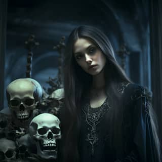 The most beautiful female necromancer with long dark hair and white skin