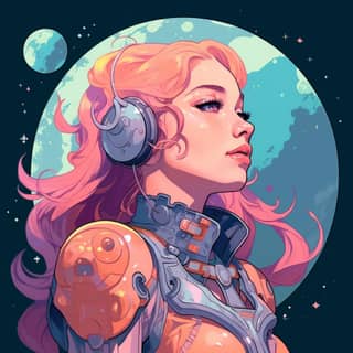 رسم فني لأميرة خيالية بشعر وردي وسماعات أذن تقف أمام خلفية فضائية.