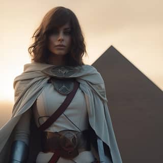 This woman character :, in white standing in front of a pyramid