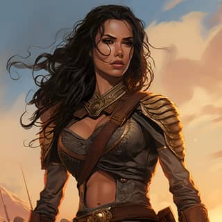 amazon woman in war comic, in armor standing in front of a sunset
