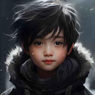 an asian character in a black sweater in the style of lit kid realistic images anime aesthetic child-like innocence gongbi