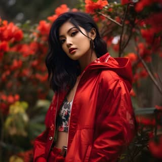 A asian model whit a red jaket in the garden