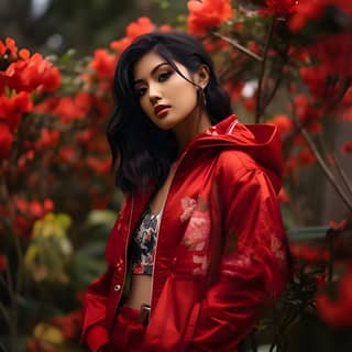 A asian model whit a red jaket in the garden