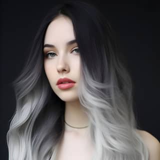 beautiful woman with long gradient hair with black and white hair style raw