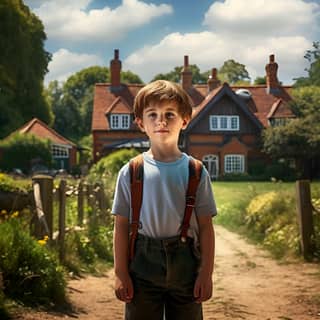 boy stands in front of a house